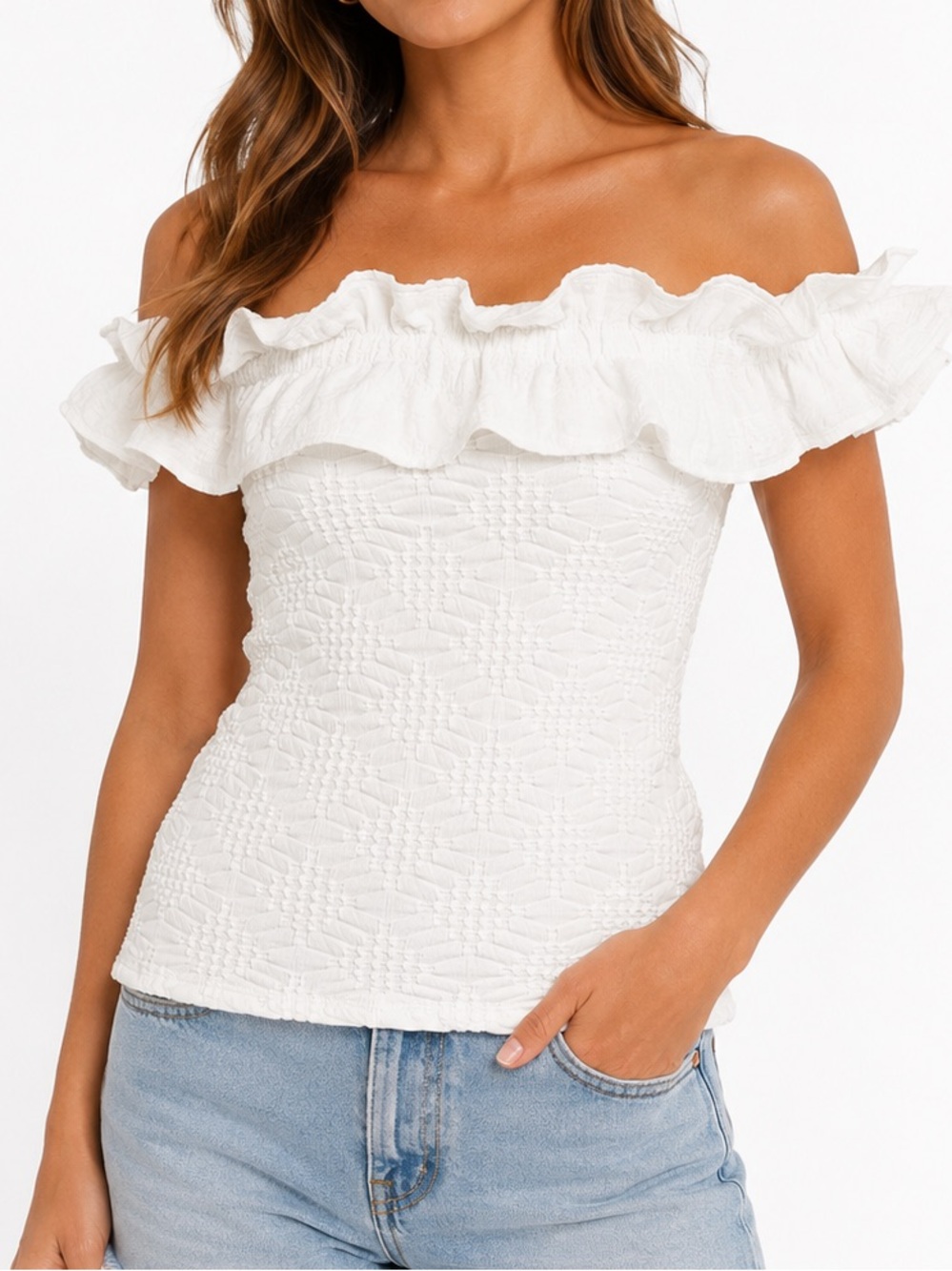 Maeve Anthropologie White Ruffle Off-the-Shoulder Textured Top Size Medium